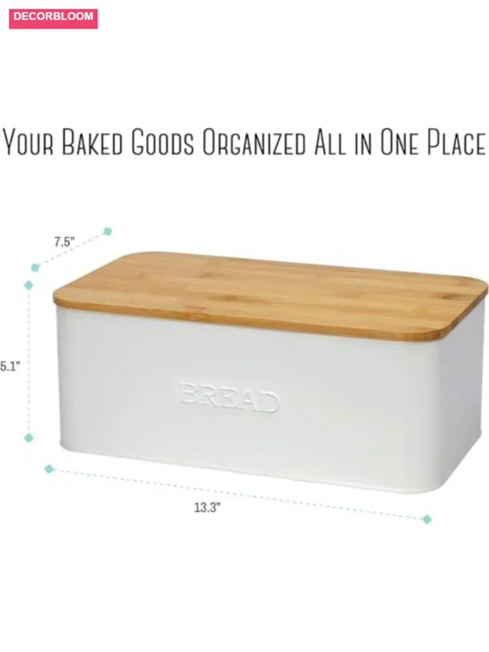 White Bread Box with Bamboo Cutting Board Lid, Stainless Steel Kitchen Storage